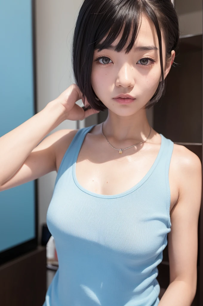 {masterpiece},{best quality},{1girl}, cute, Amazing, beautiful detailed eyes, black eyes, short hair, black hair,finely detail,Depth of field,extremely detailed CG,original, extremely detailed wallpaper,upper body, looking at viewer