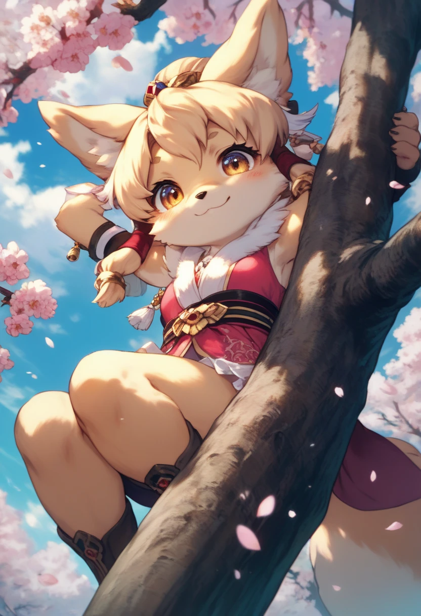 selkie fe, (ate-eboshi:1.3), standing eboshi hat, onmyoji, fox ears, fox tail, outdoors, smug smile, pink hair stripe, big hat, mirco skirt, exposed hips, side slit shorts, sitting, spread legs, panty shot, sakura_fe