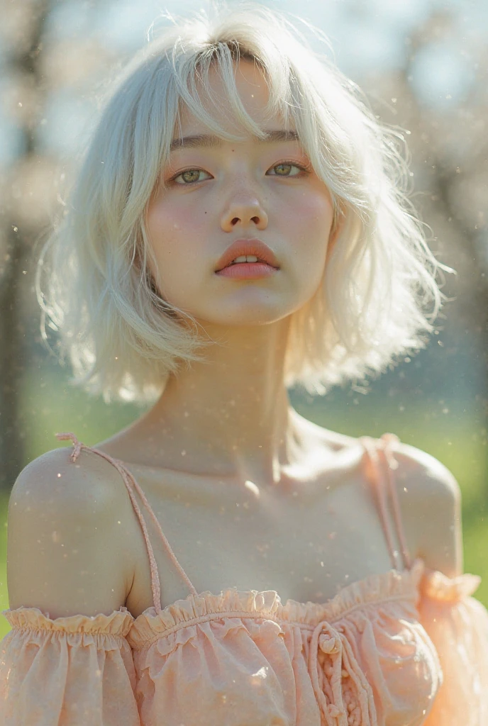 A Korean woman with short, white hair, a beautiful face showing her cleavage, wearing a casual outfit, (sitting) in a flower garden. Surrealistic portrait, pastel tones, mid shot, dramatic light.