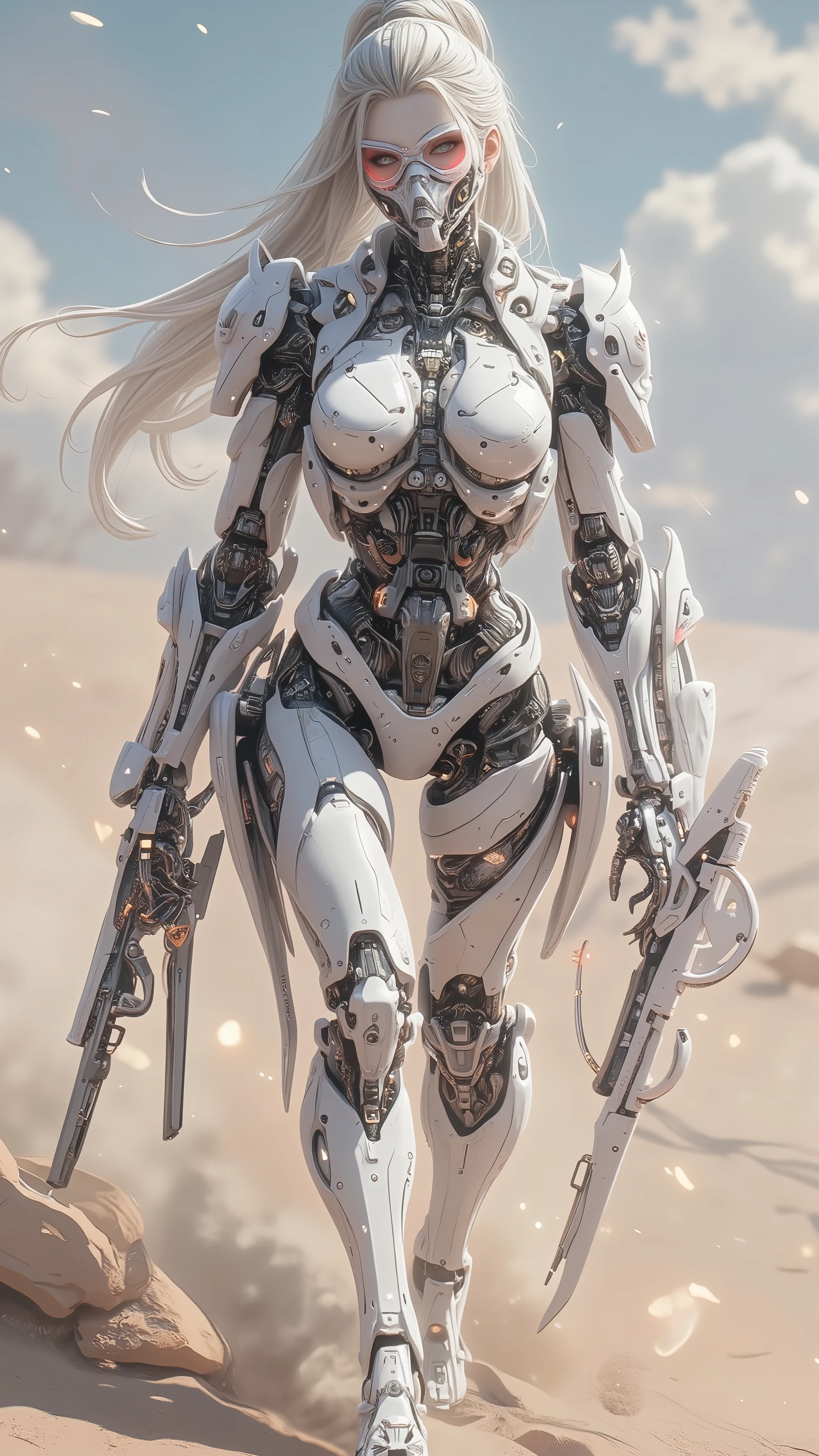 ((best quality)),( ultra high resolution ),(very well detailed),(Detailed Explanation),(( best CG )),(masterpiece),super detailed art,Amazing Painting Art,(sci-fi art with delicate details:1.5), Female Cyborg , Beautifully organized mechaisse, goggle mask, Precise and elaborate full mechanical body, Shoulder Armor, Shoulder warning light, cylinder, leg holster, survival knife, transparent parts , asymmetry, clear tube, Illuminant, Sand Dust, Desolate,
