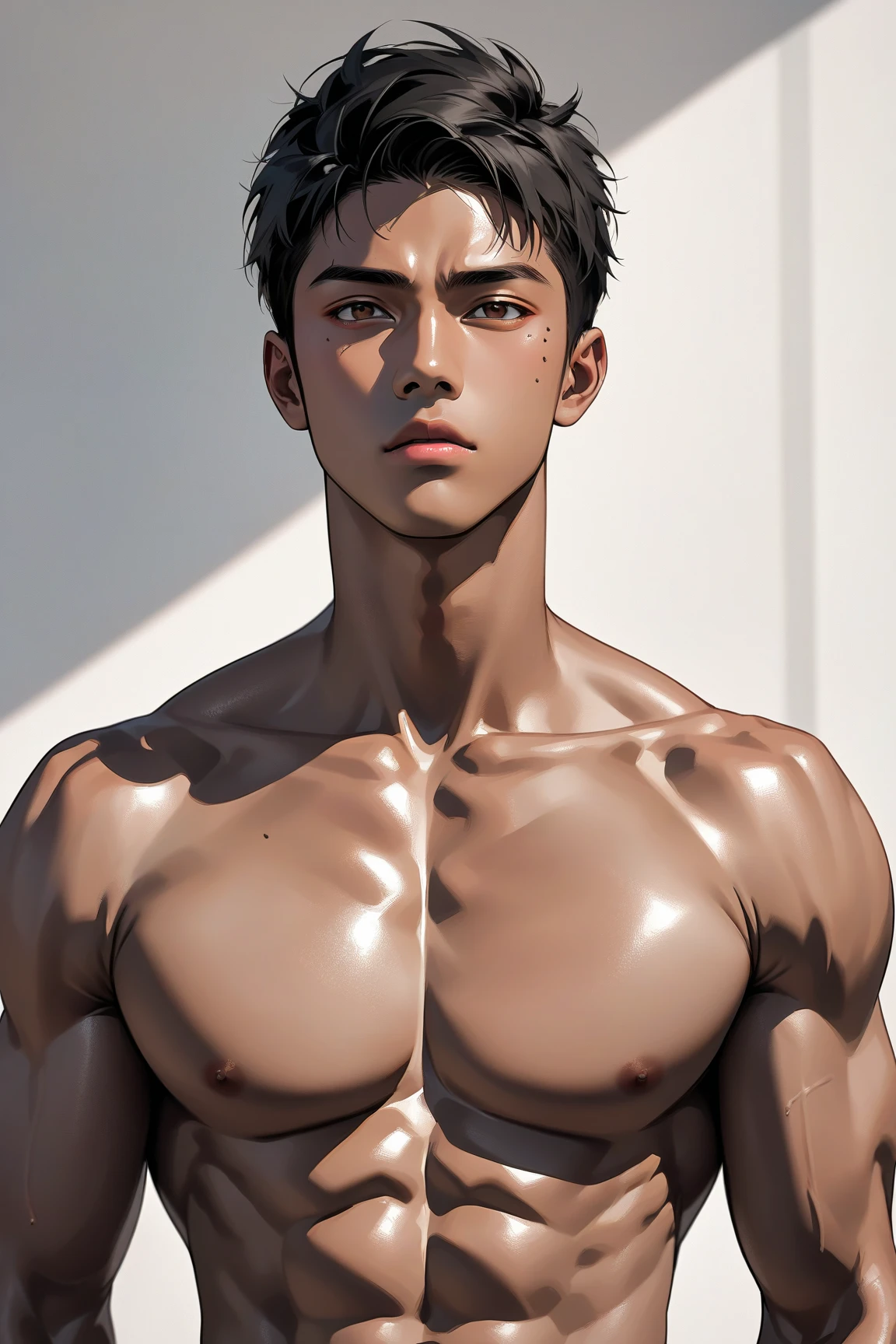 ((masterpiece)),(((best quality))),beach, sun, sunrays, ((Extremely realistic shadows, Masterpiece, extremely detailed, photorealistic)) standing in front on stage, 
 A teen ( face) 15 year old teenager (15 years old) very attractive boy, Mexican ethnicity. tanned skin,  grey hair, short hair bangs that fall on both sides of his youthful face. carefree expression, young man, alone, marked muscles, beautiful musculature, aesthetic stretch marks, inspiring physique, slender muscles, square pecs, beautiful V-cone, excellent abs and torso, chiseled abs, pectorals chiseled, perfect massive muscles, inflated muscles, voluminous pectorals, massive muscular body, a huge gigantic chest with a narrow waist, huge shoulders, ridiculously well-shaped large pecs, eight chiseled abs, (very toned and huge) with his military haircut and voluminous neck, narrow waist, bare chest, shirtless, topless, blue eyes, young face, beautiful, young. Teen muscular young bodybuilder with extraordinary and firm back, chiseled muscles, rhomboid muscles, latissimus dorsi. Gigachad. He is wearing black thong. (Black cloth thong) bare chest.