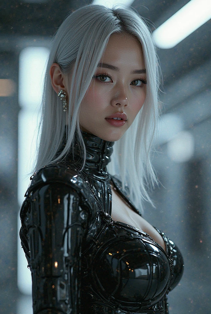 (nsfw:1.2), (masterpiece, Best Quality, hyper Realistic:1.6),
BREAK
A beautiful, sexy young woman, an Instagram model, with high detail, looking happy. Posed in a wide-angle, gravure style with her arms behind her head, and her full body in the frame. She has a very slim waist, perfectly balanced soft, large breasts with noticeable cleavage, large buttocks, and long, beautiful legs. She is dressed in glamorous clothing that highlights her sculptural beauty. Her realistic soft skin has a silky, slightly oily texture. She has a small head, detailed facial features, and eyes, with a cute, pretty slim face, a half-open duck mouth, and perfect teeth. Her gray hair is neatly arranged, and she is looking directly at the viewer. She is wearing detailed black sexy cyber gear with soft textures and a minimalistic beauty, including advanced technical sneakers. Her stance is harmonious.
She is in a dimly lit room with brilliantly glowing white neon lights. The setting is the interior of a futuristic colony, with mist drifting and steam rising from the concrete.