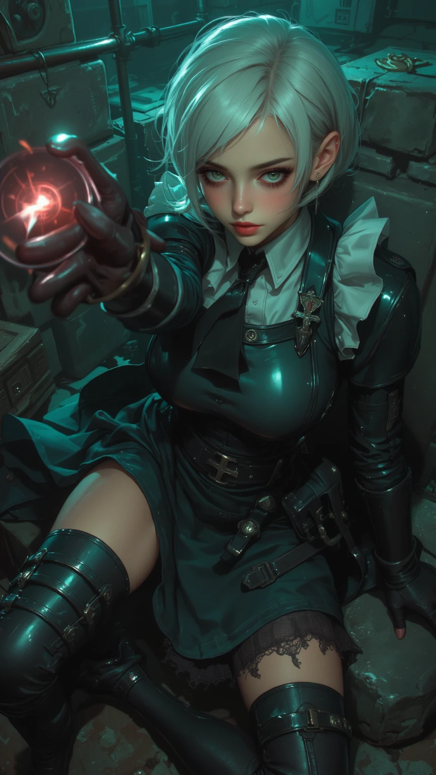 (female:1.2) (bodybuilder:0.8), hyper realistic, masterpiece, photorealistic, realskin, detailed face, detailed skin, detailed lighting, 1girl, short hair, white hair, large breasts, navel, red eyes, skirt, cute face, tiny, 