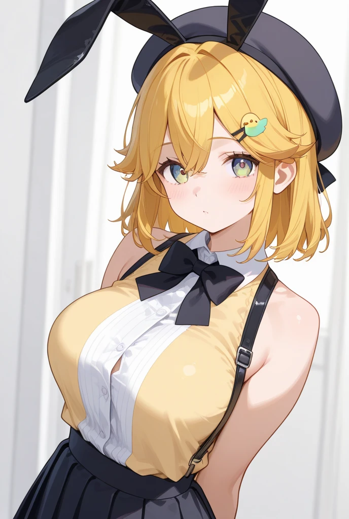 1 girl, solo, shushu suruga, masterpiece, best quality, absurd, short blonde hair, from behind, (yellow summer dress), sundress, cleavage, exposed sword, green eyes, bob cut, black headband, black bow , big breasts, medium waist, wide hips, medium thighs, perfect hands, perfect anatomy