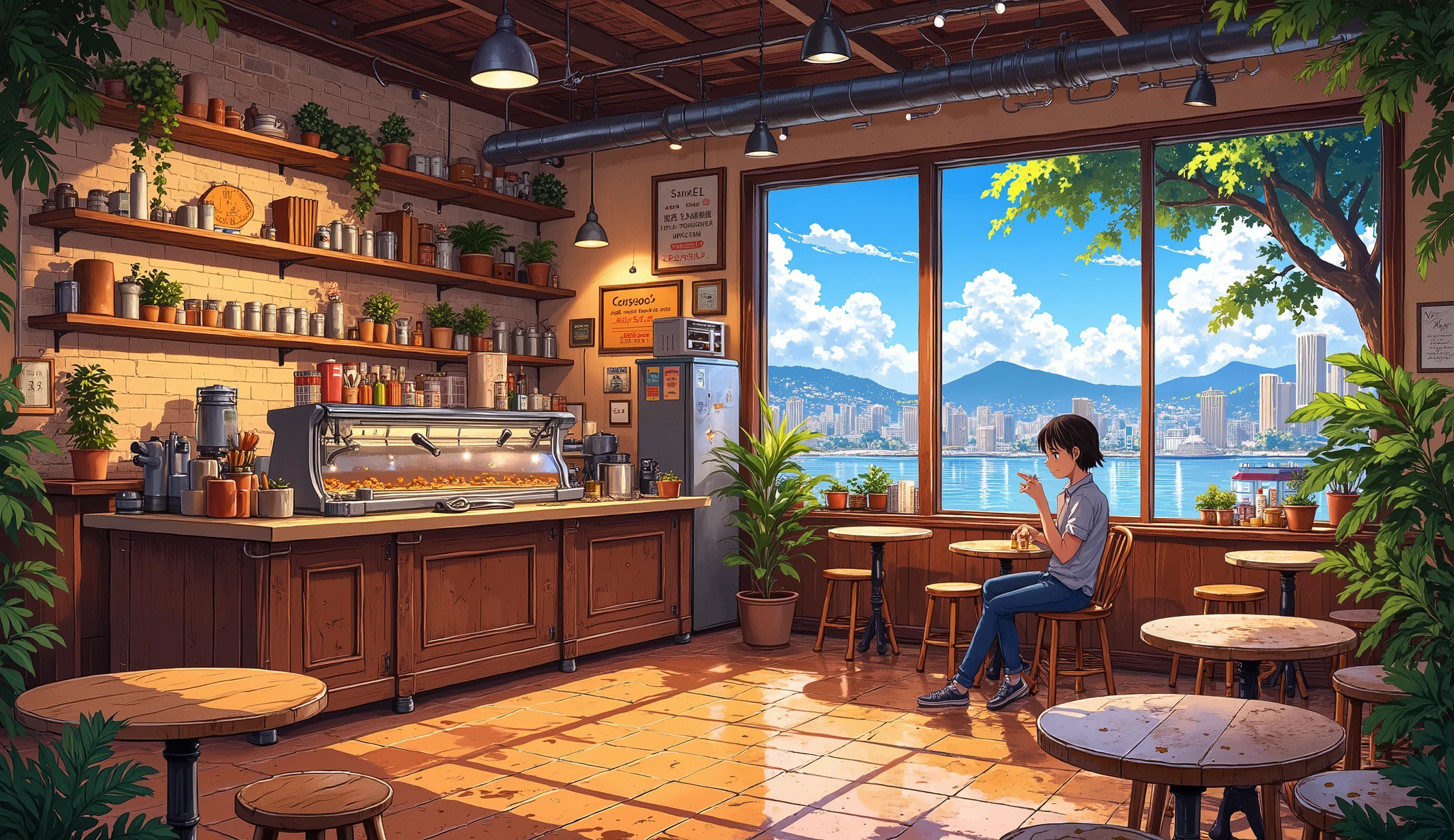 A cozy, anime-style coffee shop interior with warm lighting, wooden furniture, and large windows showing a cityscape outside. The scene is filled with rich, soft colors like brown, cream, and pastel tones. There are shelves with coffee mugs, plants, and books. A barista counter with a sleek espresso machine and a few customers sitting at small round tables, sipping coffee or reading. The atmosphere is calm and inviting, with some decorative items like string lights and small plants hanging from the ceiling. The style is vibrant and detailed, with soft, pastel lighting and a relaxing vibe.