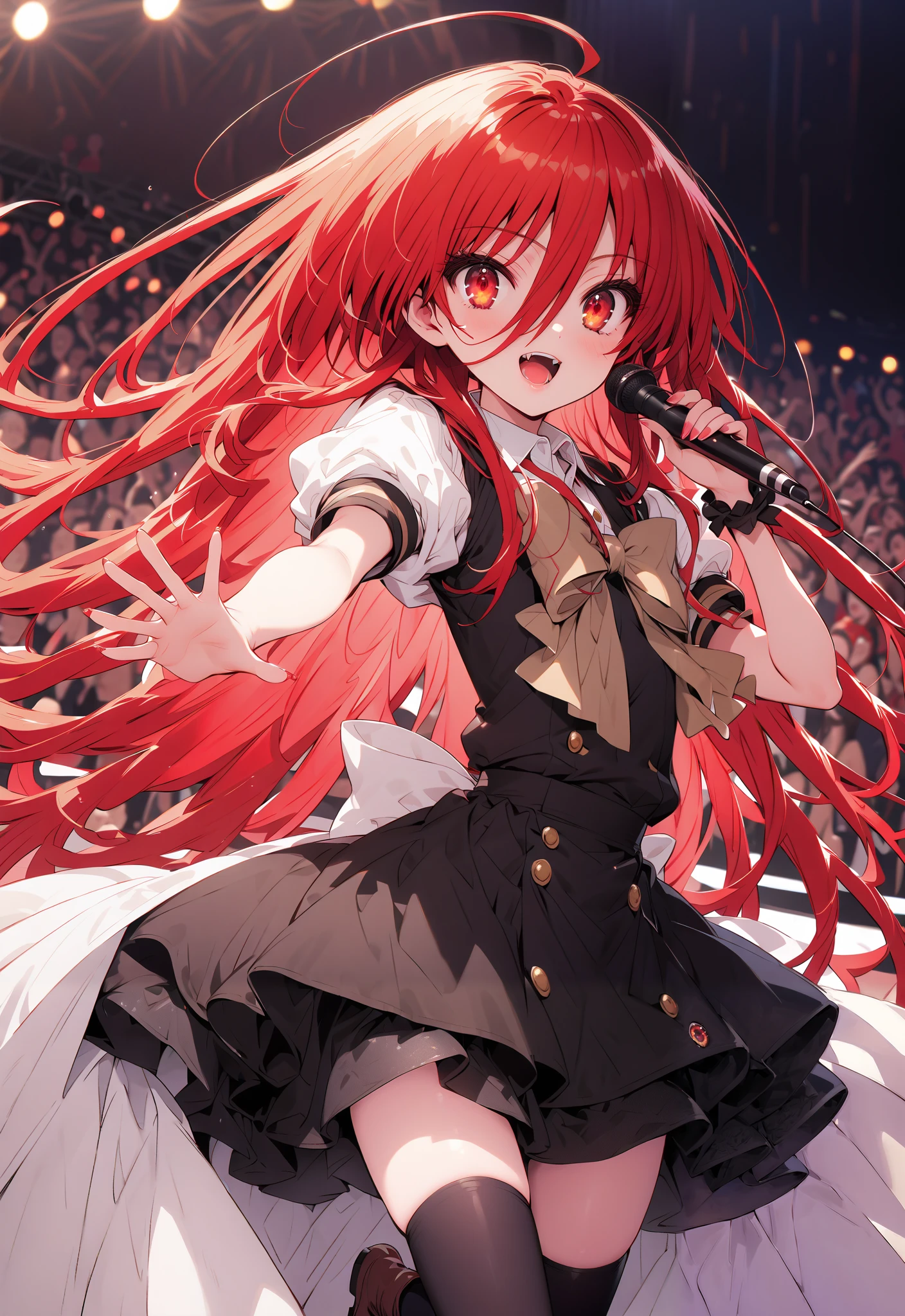 shana , very long hair, red hair, Red Eyes, stupid hair, small ,idol costume, dress,collared dress,jacket,cropped jacket,Short sleeve,bowtie,bow,button, above Decorati has ,is standing,dancing,(white thigh knee-highs:1.2),boots,アイドル歌手がライブ ステージで熱狂的に歌うシーンのillustration,アイドル歌手が ステージ中央にis standing, idol singers sing with microphones , idol singers are serious and impressive ,The singer's voice is strong and beautiful. , fans gather around the stage , fans sing and dance with idol singers Idol singers who do things ,The Big Picture, Various colored lights ,full bodyがillustrationに入るように,break indoors, concert venue,
break looking at viewer,full body,
break (masterpiece:1.2), Top Quality, high resolution, Unity 8k Wallpaper, (illustration:0.8), (beautiful detailed eyes:1.6), very detailed face, so that it fits into the illustration, extremely detailed CG,full body写真, (perfect hand, perfect anatomy),