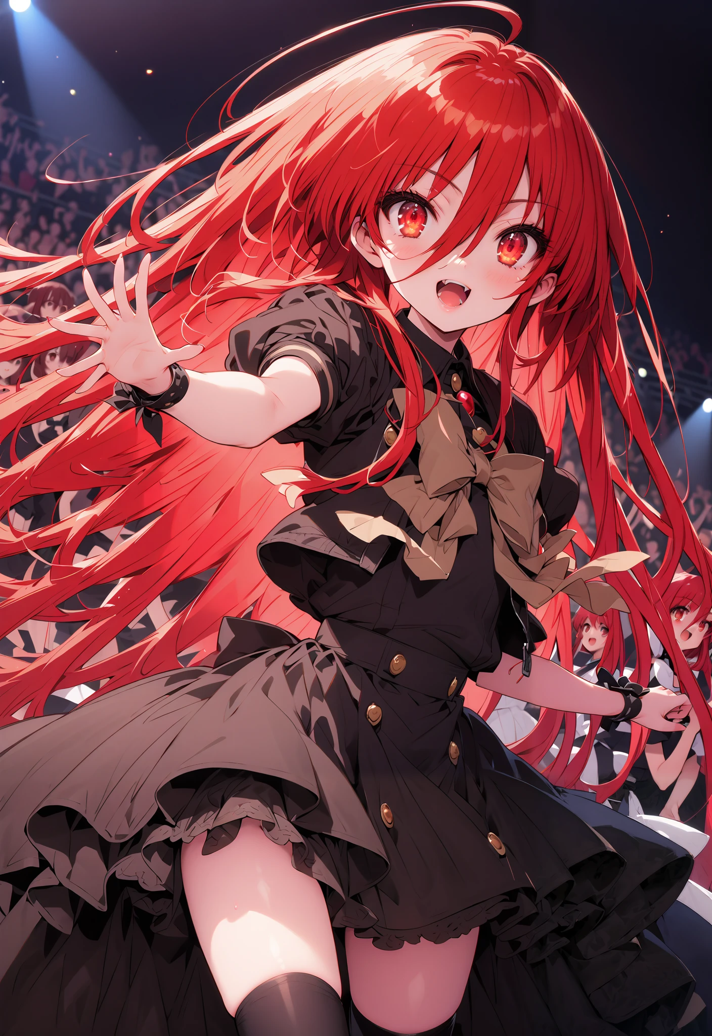 shana , very long hair, red hair, Red Eyes, stupid hair, small ,idol costume, dress,collared  dress,jacket,cropped jacket,Short sleeve,bowtie,bow,button, above Decorati has ,is standing,dancing,(white thigh knee-highs:1.2),boots,アイドル歌手がライブ ステージで熱狂的に歌うシーンのillustration,アイドル歌手が ステージ中央にis standing, idol singers sing with microphones , idol singers are serious and impressive ,The singer&#39;s voice is strong and beautiful. ,  fans gather around the stage ,   fans sing and dance with idol singers Idol singers who do things  ,The Big Picture, Various colored lights ,full bodyがillustrationに入るように,break indoors, concert venue,
break looking at viewer,full body,
break (masterpiece:1.2), best quality, high resolution, Unity 8k Wallpaper, (illustration:0.8), (beautiful detailed eyes:1.6), very detailed face,  so that it fits into the illustration, extremely detailed CG,full body写真, (perfect hand, perfect anatomy),