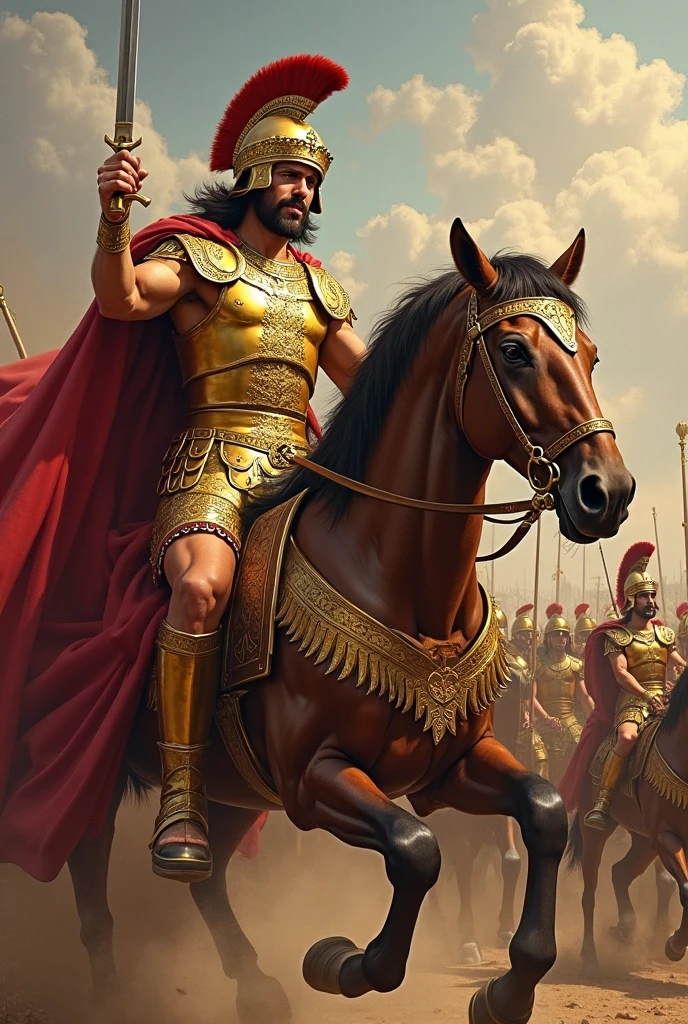 Marcus Aurelius, emperor riding slowly his horse, saluting his people, coming back home from conquering, roman armor and aesthetic, surreal take, victorious march