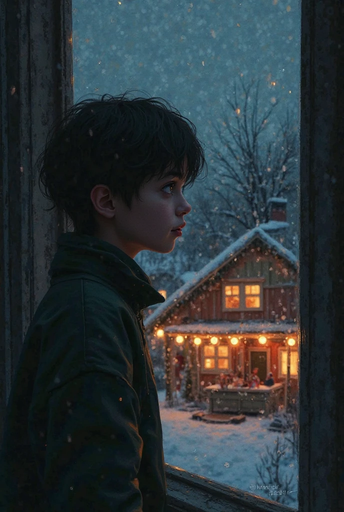 Boy wearing a hoodie and backpack looking at a house decorated with Christmas lights