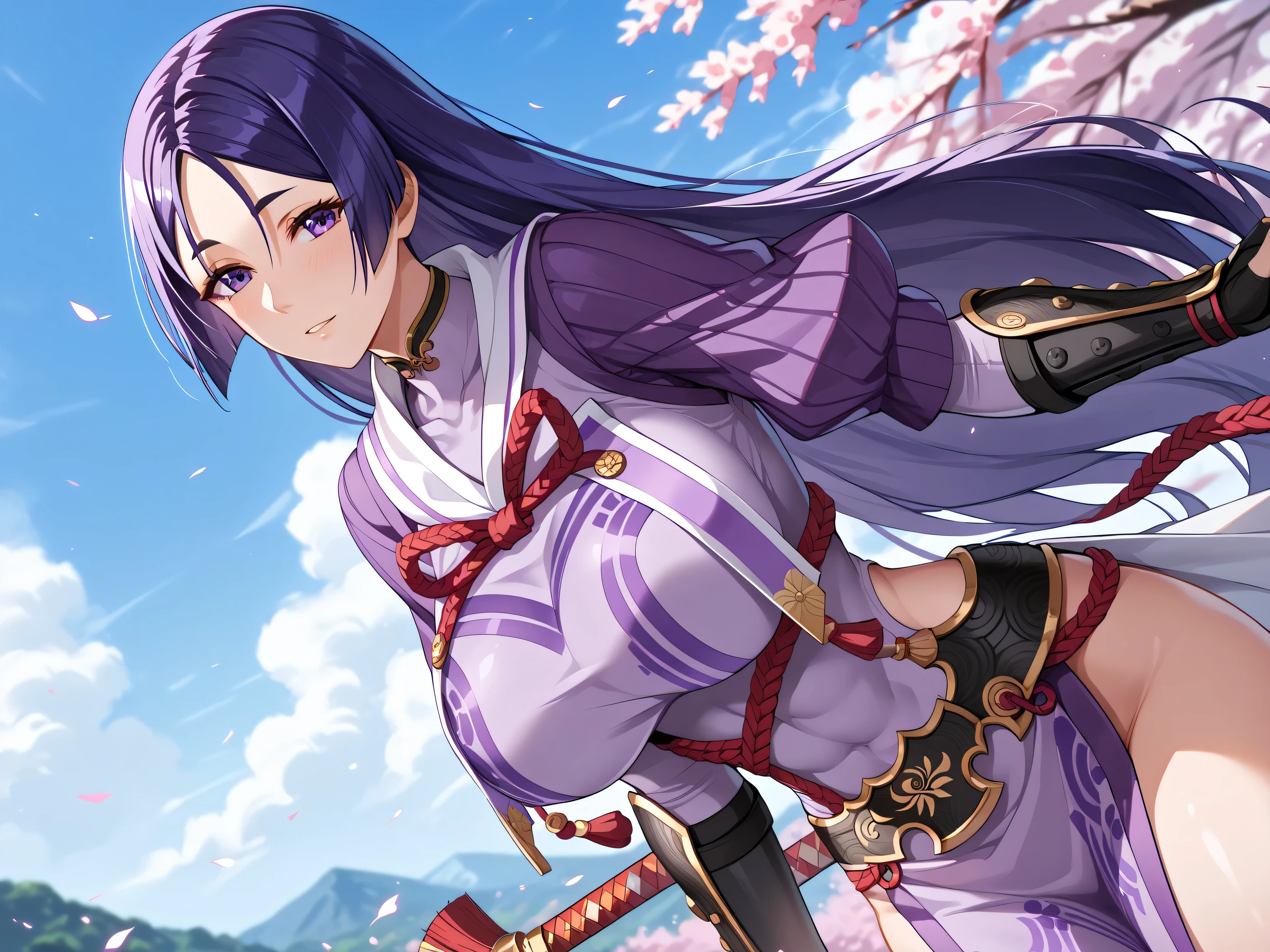 master piece、Best Quality,Super detailed,High resolution,Extremely detailed CG,Unity 8K Wallpaper,weat,score_9, score_8_up, score_7_up, score_6_up, score_5_up, score_4_up, source_anime,mature female,professional quality,raikou, parted bangs, purple eyes, purple hair, long hair, hime cut, forehead,arm guards, armor, black gloves, bodysuit, fingerless gloves, gloves, japanese armor, kote, loincloth, purple bodysuit, ribbed sleeves, tabard, toned,