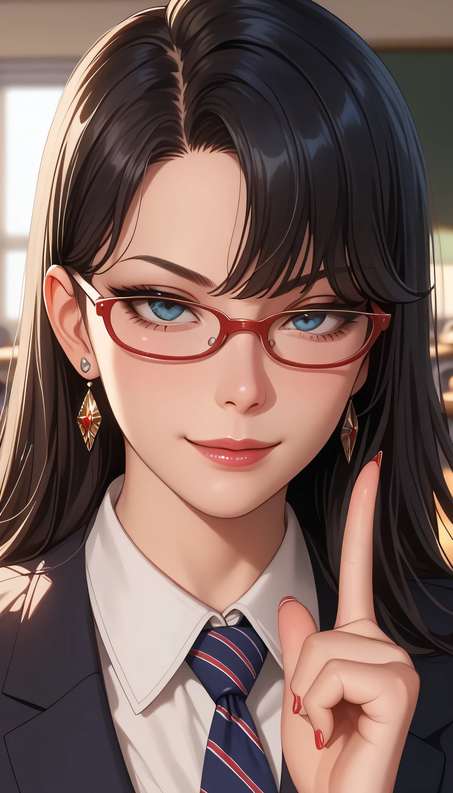 (masterpiece, Best Quality), Super Detail,
Vivid colors
sexy,
from face to chest, put up your index finger「Shhhh」gesture of,
straight and long dark hair, Blunt Bang, (( wearing a business suit )),
indoor, stormed the classroom, Red Framed Glasses, are smiling at the flag, close one eye,