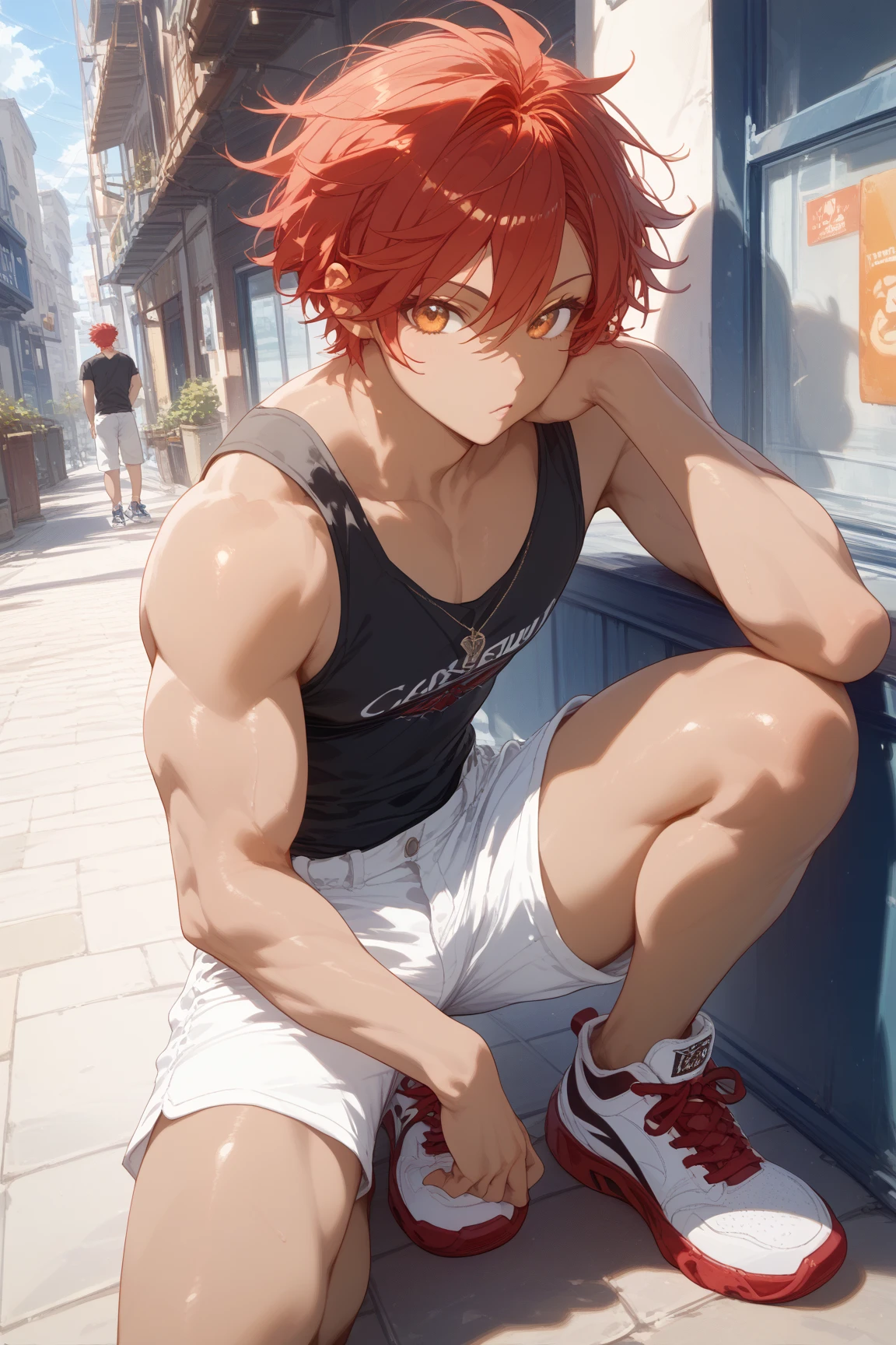 1boy, boy, perfect eyes, perfect face, perfect lighting, short hair, red, toned, sweat, thick thighs, small chest, sweatshirt, shorts