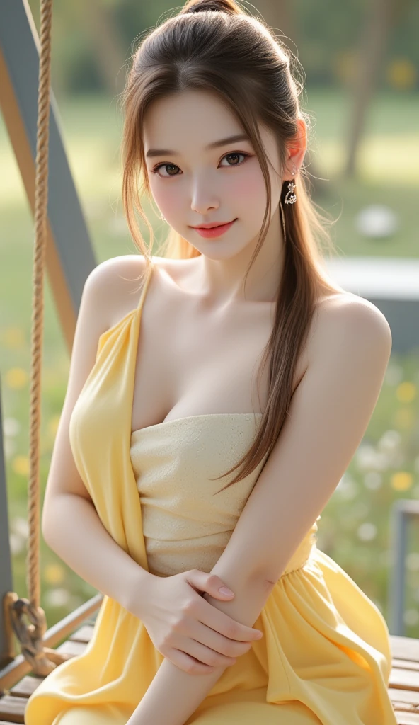 Beautiful, cute baby Face, 30 Years old Asian lolly Girl, black eyes, (wearing yellow party dress), wearing yellow panties, Beautiful real pussy, (( dress lift )), (( Pubic hair:1.3 )),slightly Chubby , (( Sitting with knees up )), (( Spreading legh )), luxury necklace, White Skin, Smiling, Look at Viewer, Perfect Eye, Very ponytail hair, Bracelet, Ring, white High heels, ((adorable:1.2)), ((masterpiece:1.1)), ((bokeh:1.2)), Forest background