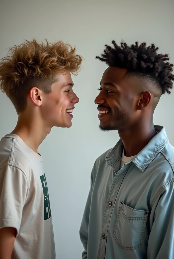 best qualityer:1.4), (ultra high resolution:1.2), (photorrealistic:1.4), (8k, CRU photo:1.2), A male couple is hugging in a relaxed atmosphere. A man with black skin, with grey cap, corte de cabelo buzzcut, is wearing a white shirt and a gray puffer jacket, is smiling softly, with her head resting on the boy's shoulder. The boy with fair skin, is wearing a white sweatshirt and a thin silver chain, short, light brown hair, also smiles slightly, with his hand resting on her neck. Ao fundo, there is a wooden wall and a colorful painting, possibly an artistic mural, which adds a vibrant touch to the intimate and affectionate scene