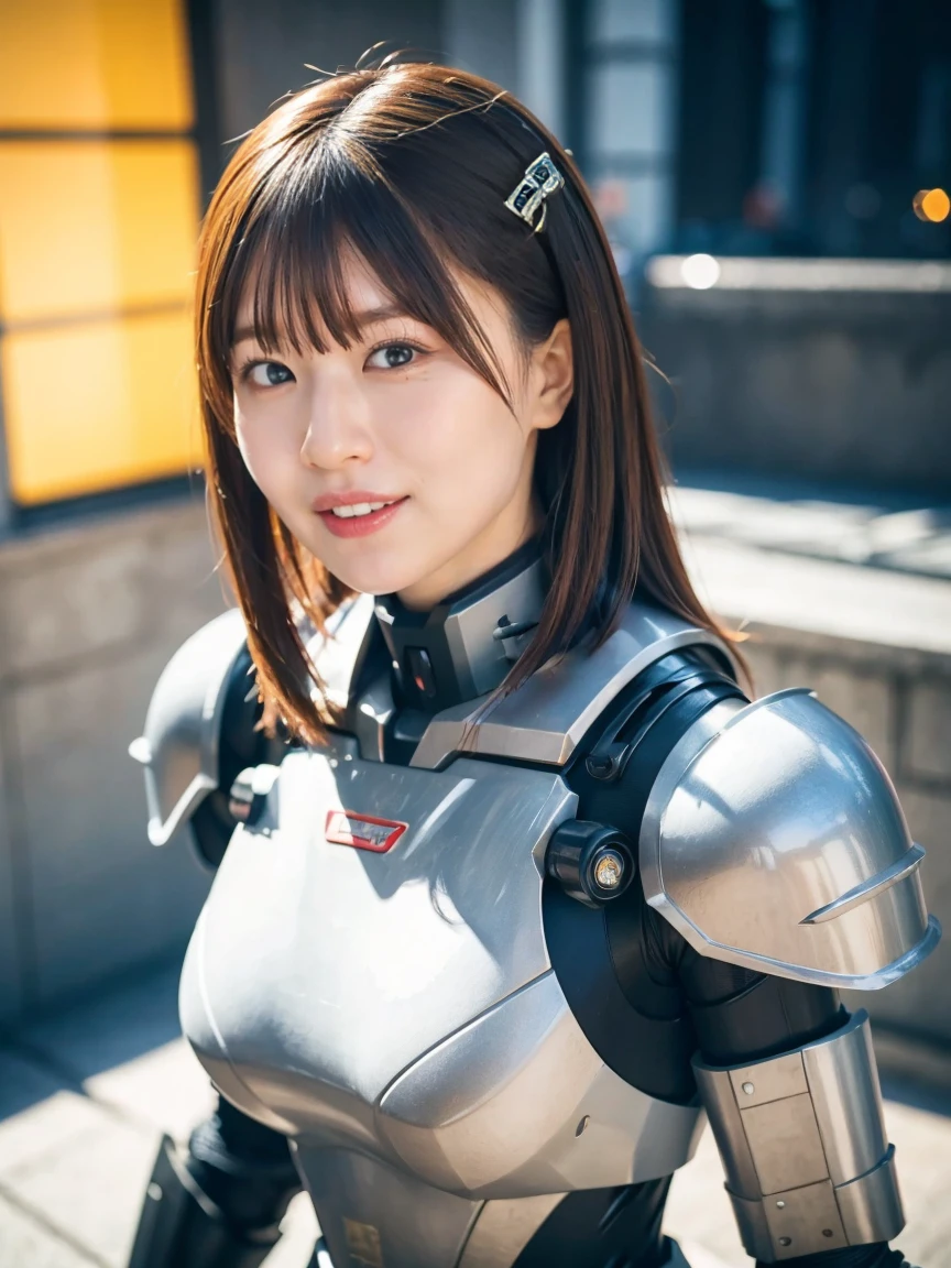 派手なPink metallic powered armorを着た25歳の美しい日本人女性:1.8, Pink metallic powered armor:1.5, No skin exposure:1.5, smile,On the bed:1.3,Big Breasts:1.5,Black Hair:1.5