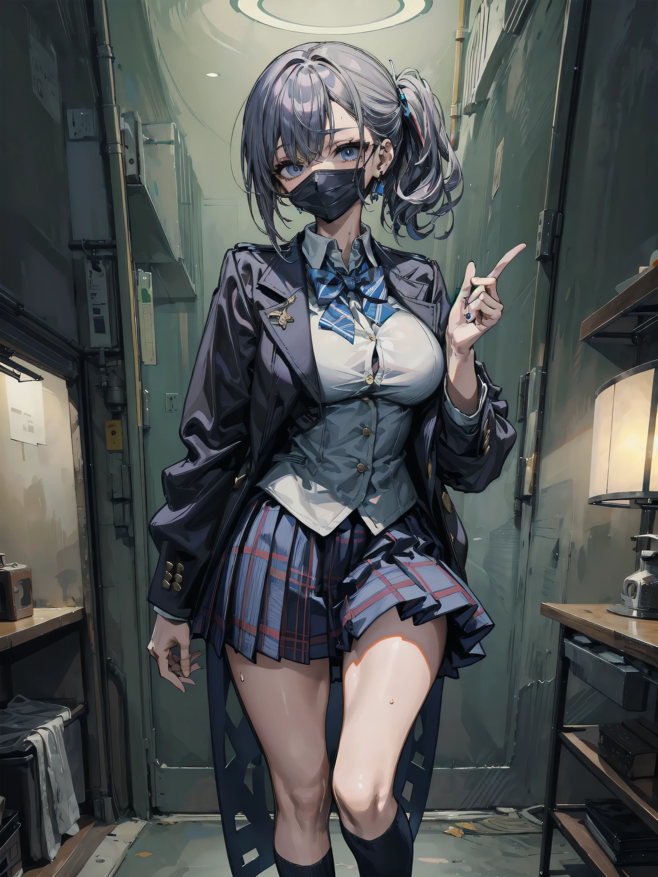 1woman,matured,perfect body,tall ,drawing a katana stance,stoic ,calm,cyber punk,school dress,skirt,high tech head phones,anime school scene,blunt bang hair,super long black hair,high tech cyber punk outfit,close up shot,animaginexl v3,