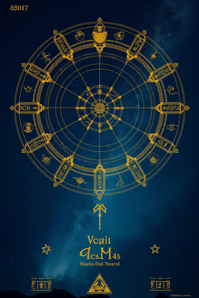 Um mago com um fundo escuro e com estrelas, the symbol of the zodiac sign of Capricorn next, com os detalhes em azul.