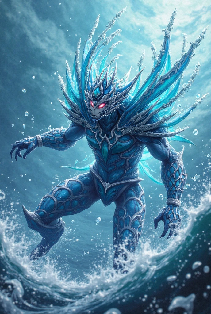 4k realistic, (water elemental, humanoid body made out of water:1.2) sapphire aesthetic, full body, sky background, fantasy art, being made of water, water body, water monster, male, male elemental, masculine