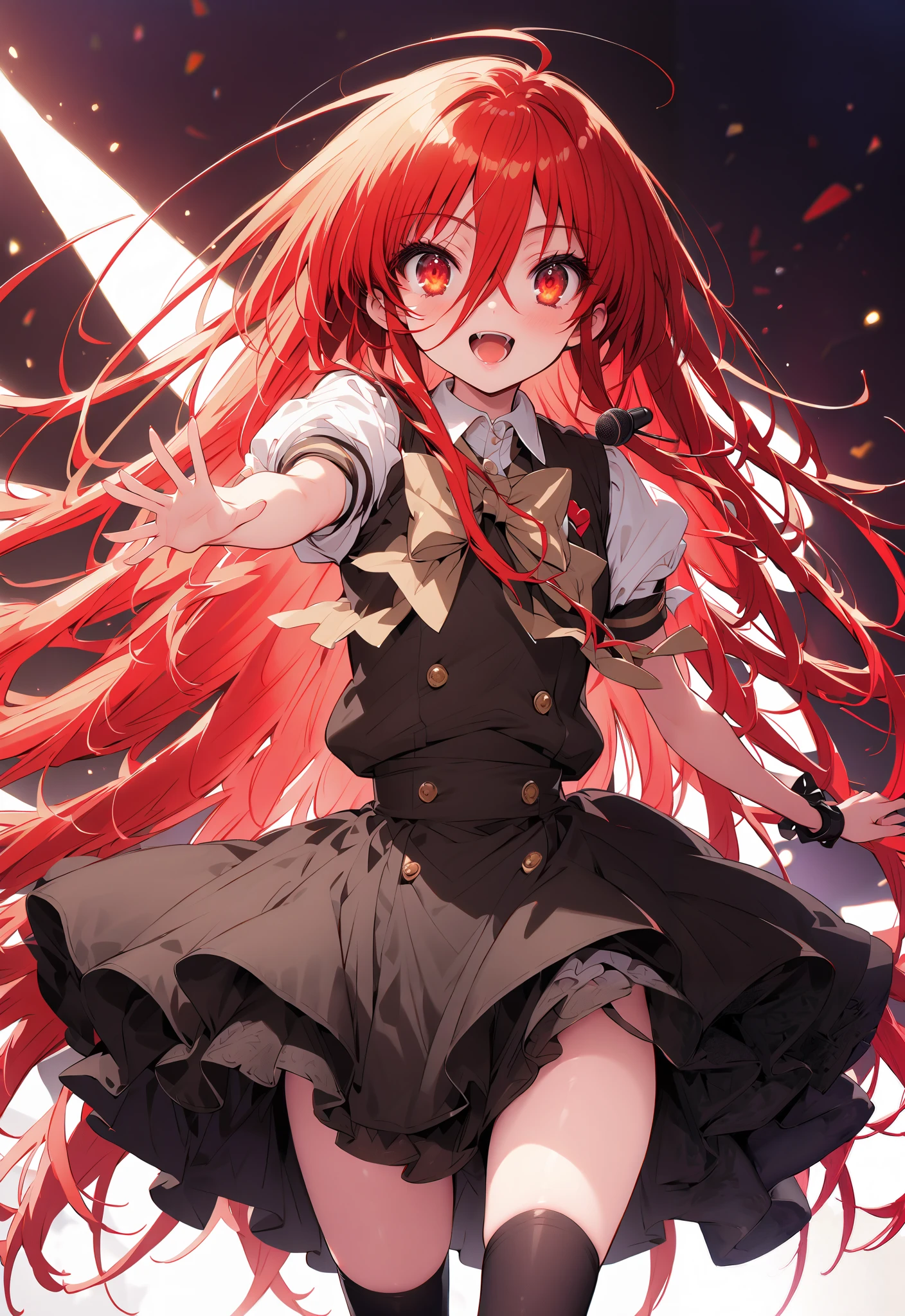 shana , very long hair, red hair, Red Eyes, stupid hair, small ,idol costume, dress,collared dress,jacket,cropped jacket,Short sleeve,bowtie,bow,button, above Decorati has ,is standing,dancing,(white thigh knee-highs:1.2),boots,アイドル歌手がライブ ステージで熱狂的に歌うシーンのillustration,アイドル歌手が ステージ中央にis standing, idol singers sing with microphones , idol singers are serious and impressive ,The singer's voice is strong and beautiful. , fans gather around the stage , fans sing and dance with idol singers Idol singers who do things ,The Big Picture, Various colored lights ,full bodyがillustrationに入るように,break indoors, concert venue,
break looking at viewer,full body,
break (masterpiece:1.2), best quality, high resolution, Unity 8k Wallpaper, (illustration:0.8), (beautiful detailed eyes:1.6), very detailed face, so that it fits into the illustration, extremely detailed CG,full body写真, (perfect hand, perfect anatomy),
