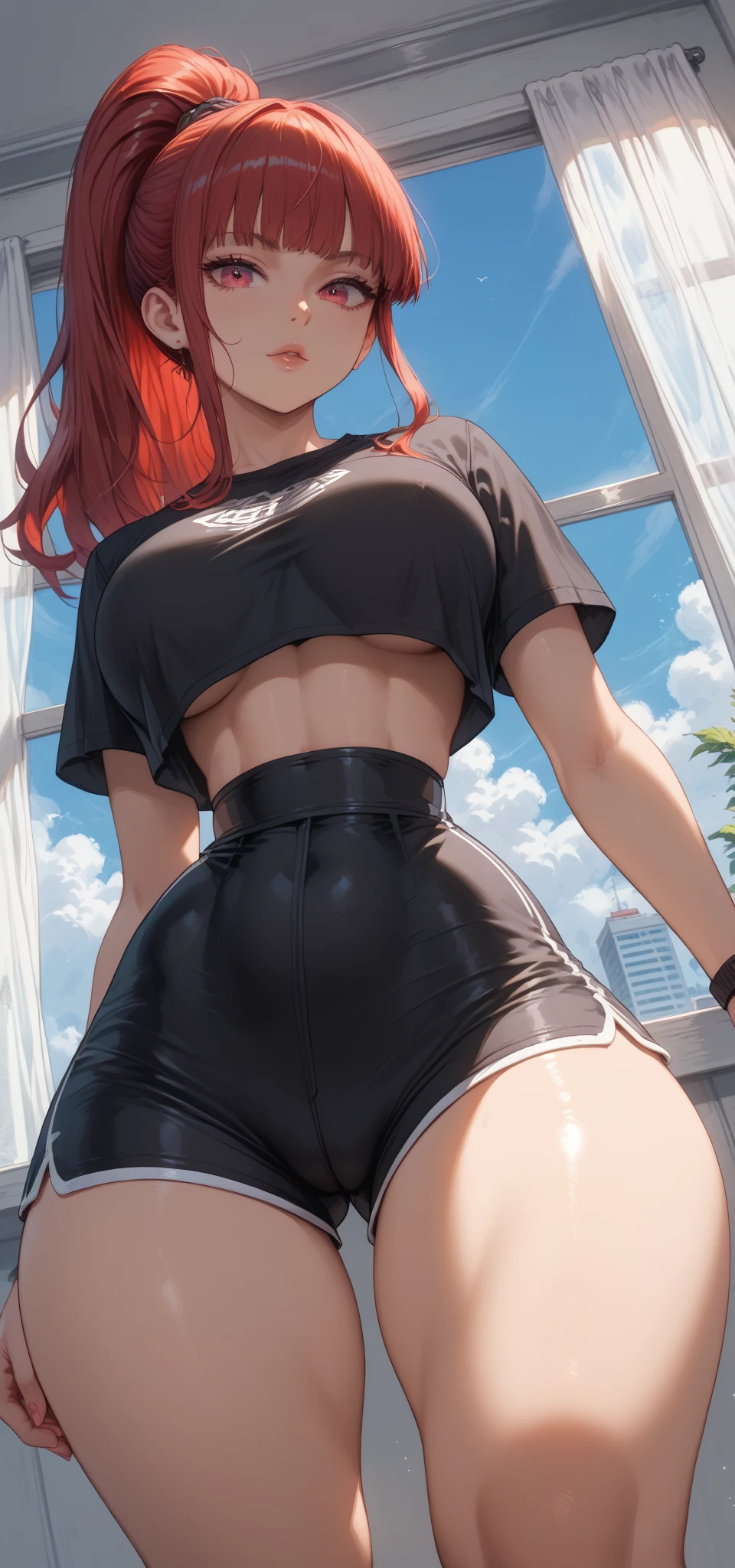 (Masterpiece, best quality, detailed eyes), (1 girl), (Pale skin, red eyes, detail eyes, white hair, short hair, huge ass, medium breasts, tight abs, blushed), (crop top hoodie, shorts, stockings, no panties, mitts, piercing)
