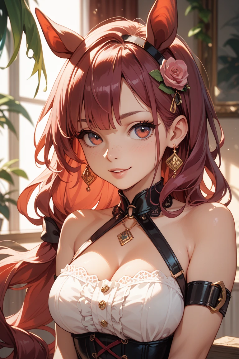 (Masterpiece, Side Light, Fine Beautiful Eyes: 1.2), (Masterpiece* Portrait), Portrait, (Bust), Realistic, 3D Face, Sweet Skin, (Solo), (Face Close-up), (Fire Opal General Scarlet Eyes), Hanging Corner of the Eye, ((High Detail Skin, Visible Pores)), (Perfect Figure), A Beautiful Girl, Small Breasts, ((Lolita Style Costume)), (Neck Ring)