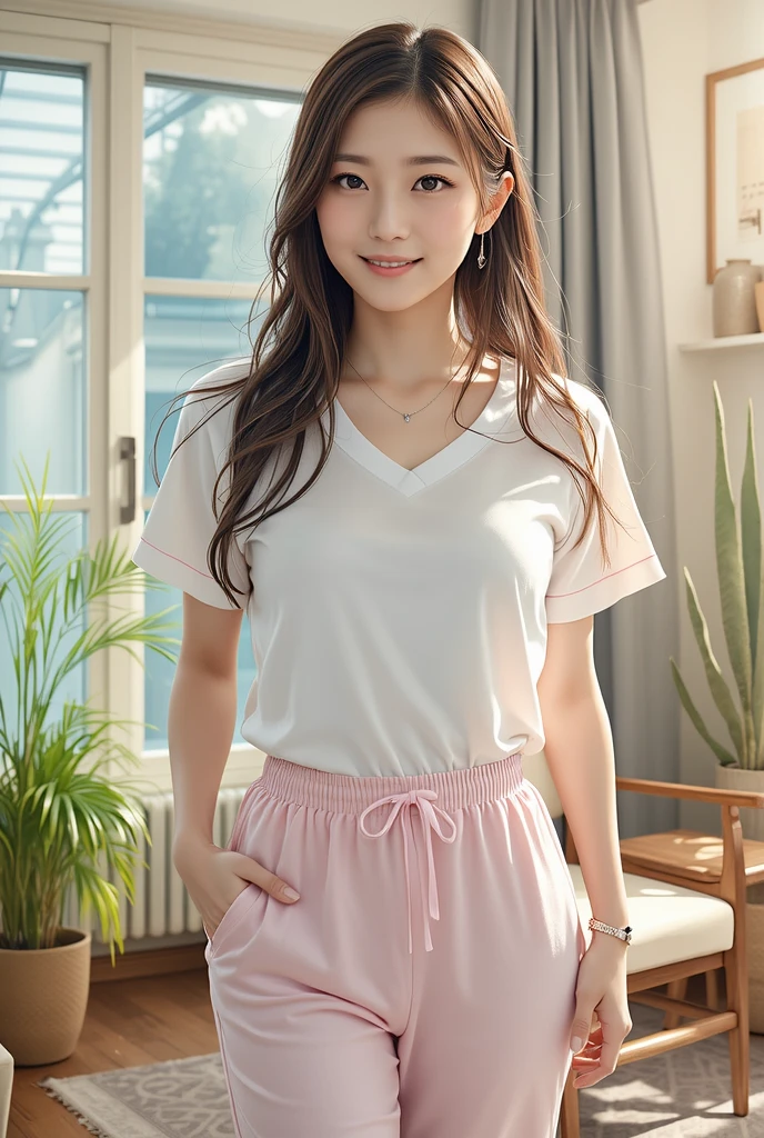 one beautiful girl、bright white camisole, (red panty:0.0), A dark-haired、 schools、early morning、15years、cute smile at the viewer, (arms at sides:1.2), standing straight,