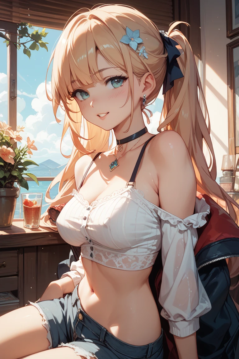 Absurd, Ultra-detailed,Bright colors, Very beautiful and detailed anime faces and eyes, View from the front, ;d, Shiny_skin,Age 25, , Sheer white 、Black socks、Checkered skirt Stylish bra, Asymmetrical bangs, Blonde hair in short pigtails, Shiny髪, Boobs Delicate Beautiful Face, blush、(Deep blue eyes:1.3)、evening、There are many rice fields, Sunset over many fields、Orange View、Small Necklace、