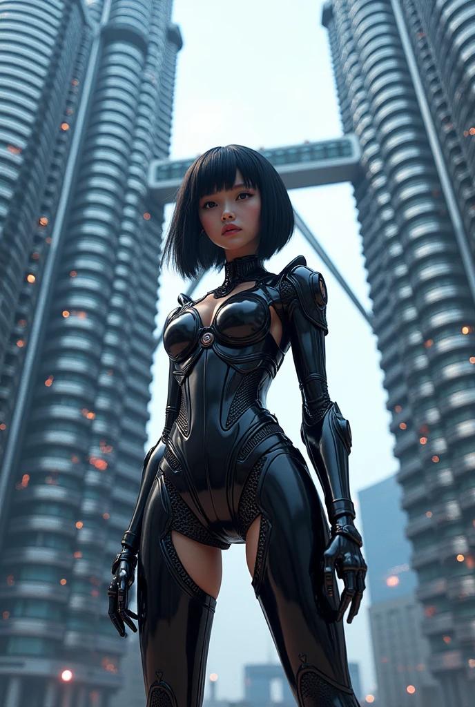 This is a hyper-detail、High resolution and top quality CG Unity 8k wallpaper,The style is cyberpunk,Mainly black and red。In the picture, A short haircut,Beautiful girl with white and messy hair appears,s delicate face,Wearing a steam mech mask,standing on grass,Behind him is a huge robot,The action of a woman holding a heavy sniper rifle in her hand,