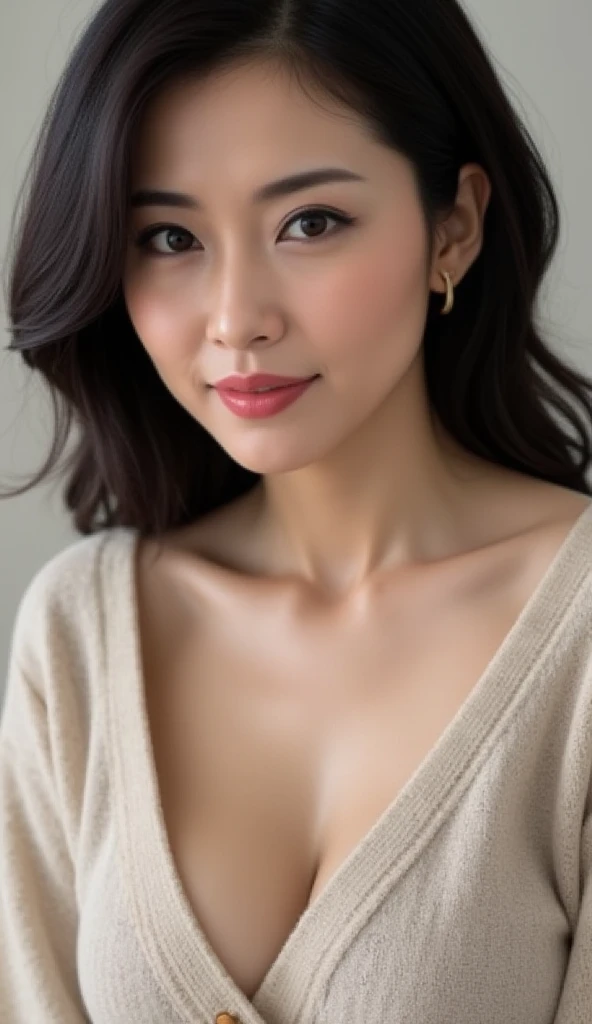 (colored picture), Photo realistic of beautiful asian、slender abs, (Highlight Haircutreast A Cup:1.2), small breast, round shape breast, perfect shape breast,(( )), She should have a serene expression, with large, expressive eyes and rosy lips. The woman is wearing an elegant light pink, off-the-shoulder sweater, with a hint of a (((black strap visible))), set against a soft, neutral background that emphasizes her gentle and stylish appearance