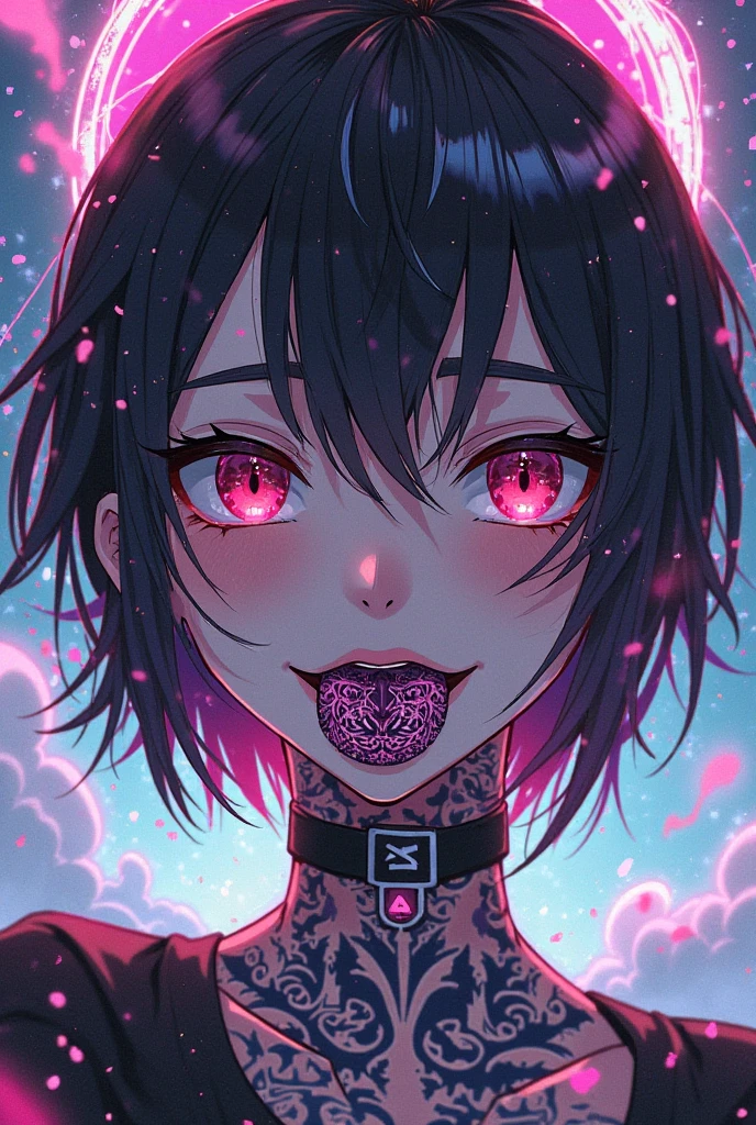 cute anime character girl, messy wavy hair, cross-shaped pupils, wearing loose baggy rapper-style costume, attractive and seductive face, make-up, covered in tattoos, superlative body proportion, background another dimension, notes effects, star effects, heart effects, glitter effects, 2.5D, delicate and dynamic, graphic CG digital art