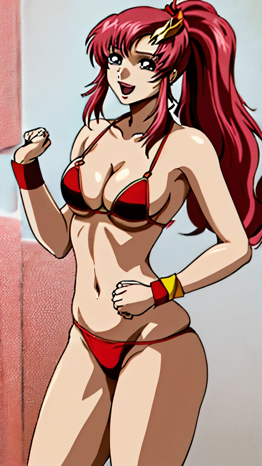 Tall girl, short hair, big tits, bikini, tomboy, charater sheet,