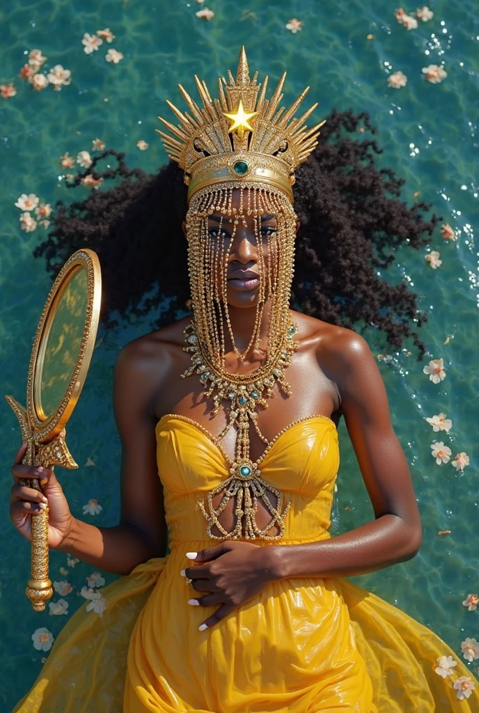 A beautiful earth filled with water and lava, intricate, masterpiece, expert, insanely detailed, 4k, composition, framing, centered, symmetry, painted, intricate, volumetric lighting, beautiful, rich deep colors masterpiece, sharp focus, ultra detailed, in the style of dan Mumford and marc Simonetti, astrophotography, a stylized African American woman with honey gold and black voluminous, goddess locs adorned with a golden crown standing in the center of the water