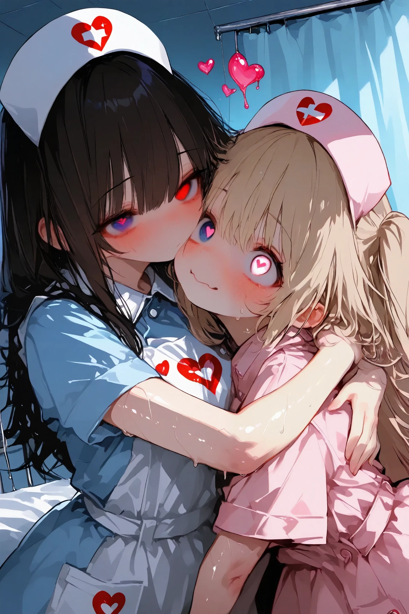 illustration,perfect cute 2girls, oily skin,nurse uniform,nurse cap, crazy eyes, mismatched pupils,hug,many cute heart symbol,UHD, masterpiece, anatomically correct, super detail, high details, best quality, 8k
