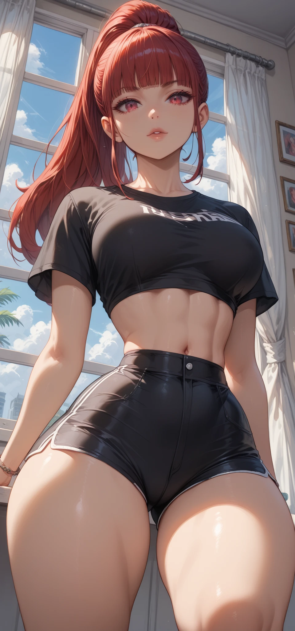 beautiful girl, red hair, thick thighs, big breasts, black sports bra, black sports panties, sitting, masterpiece, fine details, breathtaking artwork, high quality, 8k, very detailed, high resolution, exquisite composition and lighting, natural beauty,