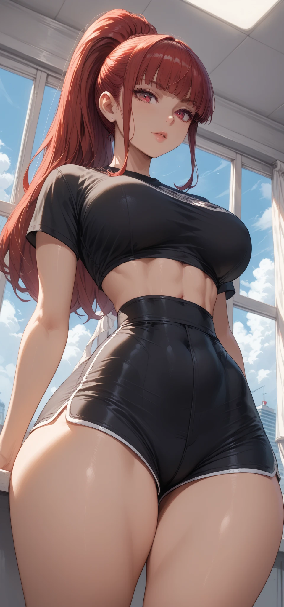 ((1girl, solo)), beautiful body, (perfect anatomy, perfect body, perfect hands, perfect legs), (five fingers:1.5), natural proportions, sexy body, large breasts, standing on one leg, leg up BREAK
((extremely detailed face)), (beautiful detailed eyes:1.6), (realistic pupils, realistic iris:1), expressive eyes, looking at viewer, (clear eyes:1.3), (hyperrealistic:1.2), (detailed skin texture:1.2), smooth skin, (brown hair:1.5), red hair, blue eyes, (detailed lips:1.2), (attractive lips:1.1), (glossy lips:1.1), parted lips, perfect face, perfect eyes BREAK
crop top, off-shoulder sweater, black sweater, cleavage, crop top overhang, midriff, stomach, navel, highleg panties, black panties, ass, thighs, sneakers BREAK
(masterpiece:1.5), anime-style, top quality, best quality, (beautiful and aesthetic:1.2), (ultra detail:1.5), Ultra-detailed depiction, Ultra-precise depiction, extremely detailed 8k illustration, high resolution, (highly detailed shading:1.2), (realistic lighting:1.4), perfect lighting, vibrant colors, dynamic tones, striking hues, 8k, absurd resolution, perfect shadows, hdr, UHD, ambient lighting, realistic, ultra-realistic, photo realistic, highly detailed, rich detail, luminous colors, fine texture, intricate design, professional illustration, (soft light:1.2), (illustration:0.7)