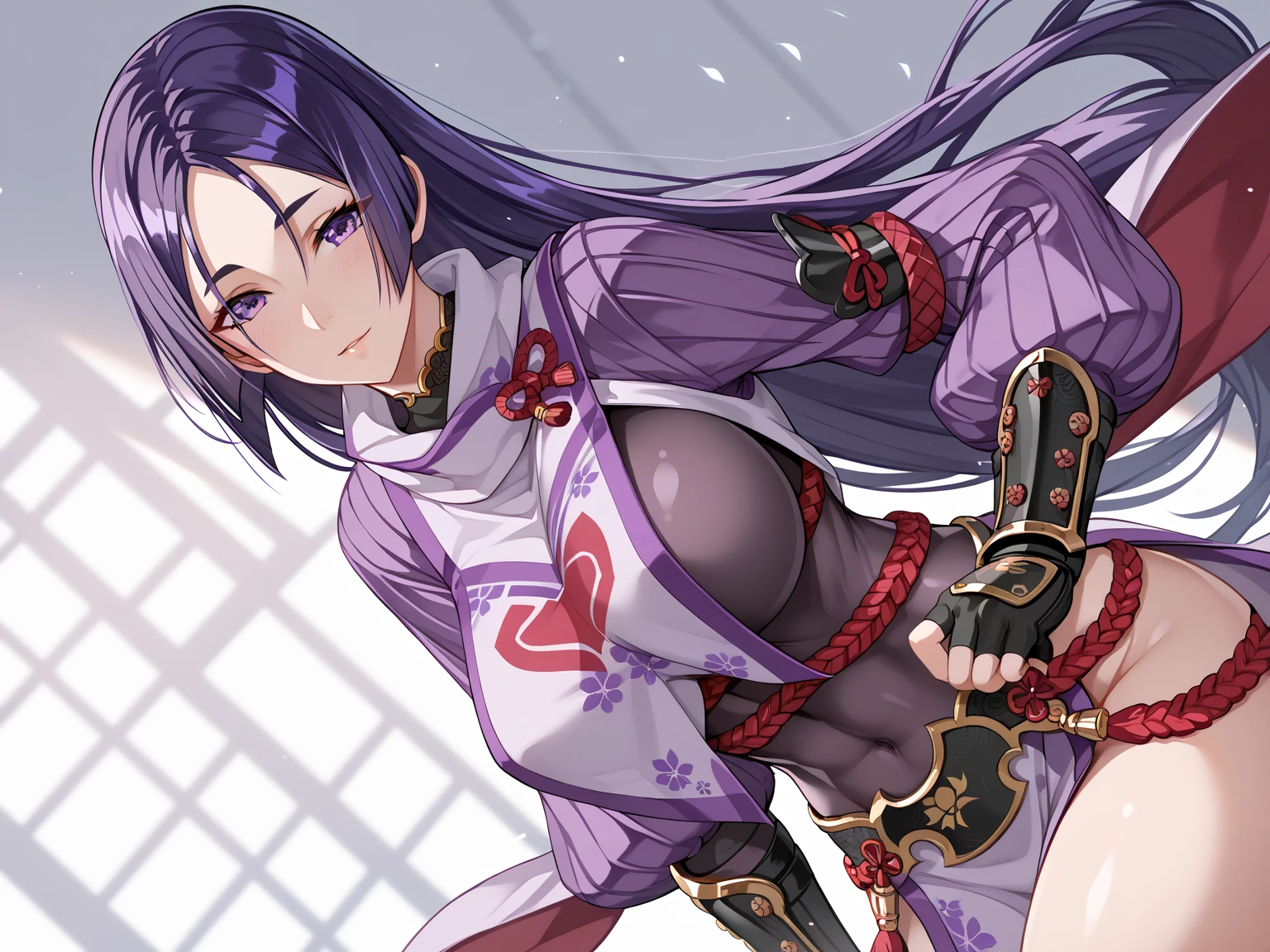 score_9, score_8_up, score_7_up, source_anime,
raikou, <lora:minamoto-no-raikou-ponyxl-lora-nochekaiser:1>,
raikou, parted bangs, purple eyes, purple hair, long hair, hime cut, forehead, mature female,
arm guards, armor, black gloves, bodysuit, fingerless gloves, gloves, japanese armor, kote, loincloth, purple bodysuit, ribbed sleeves, tabard, toned,
indoors, bed, bed room, on side, blush, drunk,
looking at viewer, cowboy shot, dutch angle,