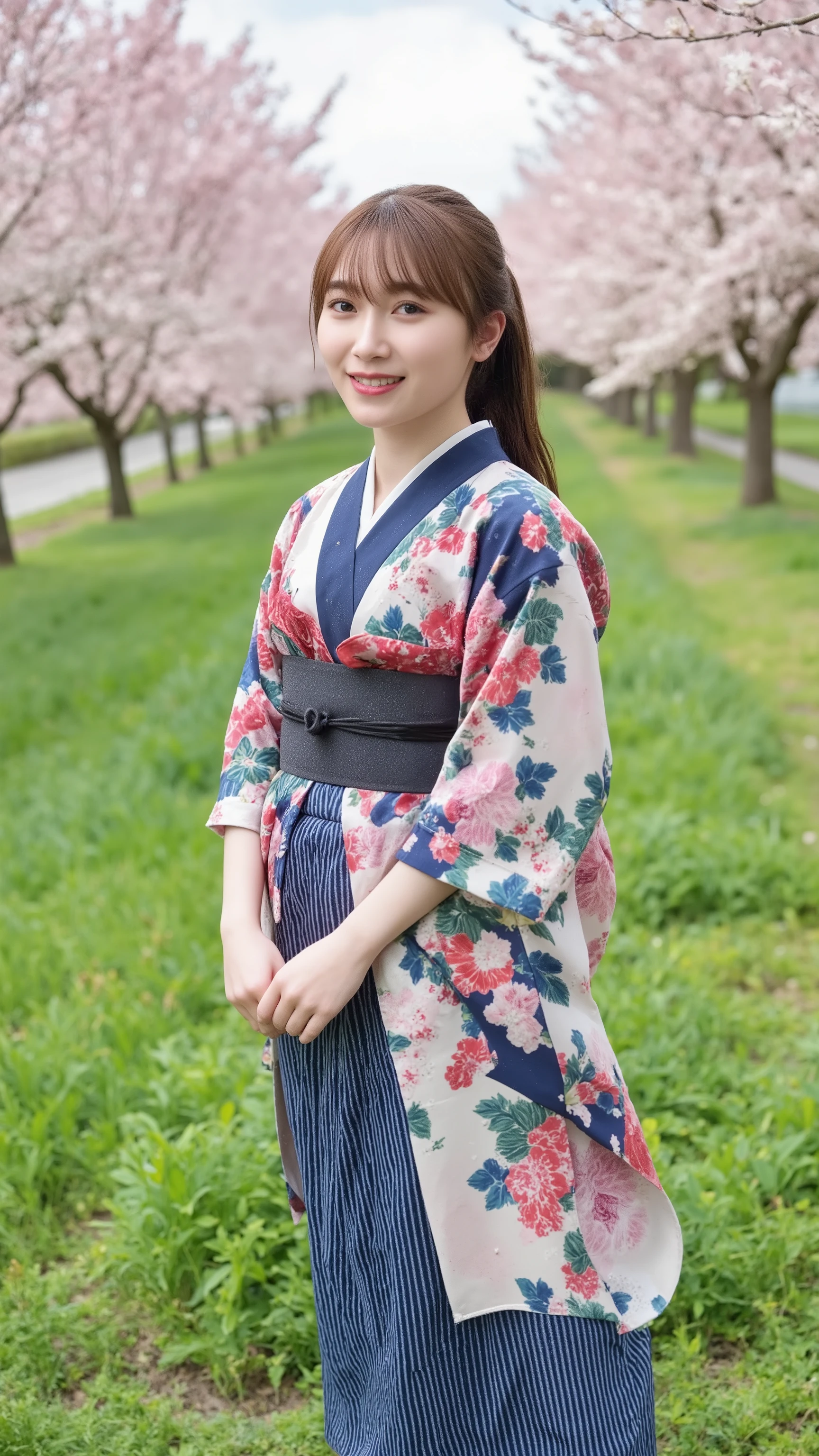 The high resolution photograph of a young Japanese female idol, intricate details, extremely detailed, sharp focus, natural soft lighting, solo, 1girl, (floral print kimono, indigo blue long hakama, black short boots), standing, facing up, looking up at the camera, (from below:1.4), pale skin, smiling, detailed face, detailed eyes, natural make-up, ponytail glossy brown hair, red hair ribbon barrette, outdoors, (large grass field, surrounded by cherry blossom trees), (cherry blossom petals falling:1.4), Taisho era, in 1920s. blue sky.