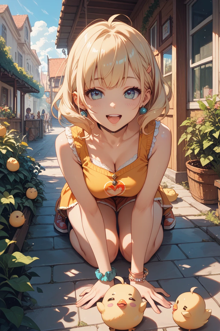 1girl, squatting, knees together feet apart, lower body, show off underwear boldly, striped underwear, pink underwear, shoot from below, swell one's loins++, large breast , cinematic ,sunflower field, (one piece dress:1.2), close up nether region,Backlight,Shiny Hair,Realistic Flesh,