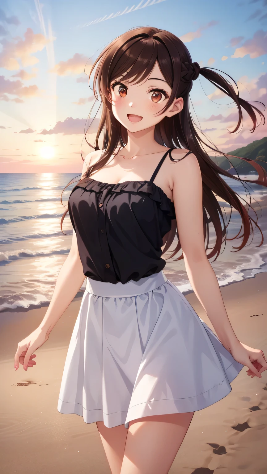 {{{masterpiece}}}, (best quality:1.5), (ultra-detailed:1.5), {illustration}, {{an extremely delicate and beautiful}}, (beautiful detailed eyes:1.6), absurdres, highres, extremely detailed face, 16k, hd, visual anime de uma jovem mulher, extremamente bonito rosto de anime, anime melhor garota, (perfect hands, perfect anatomy), anime face, Mizuhara Chizuru(Rent-A-Girlfriend), chizuru ichinose, aachizuru, cute face, long hair, bangs, brown hair, (brown eyes:1.5), (one side up:1.5), braid, hair braid, medium breasts, thin waist, big hips, curvaceous, BREAK, private clothes, winter clothes, mini skirt, BREAK, standing, looking at viewer, outdoor, sky, sea, evening, beach, nicebeach, waves, crowd of people, standing, smiling, open mouth, smirk, walk, sunset