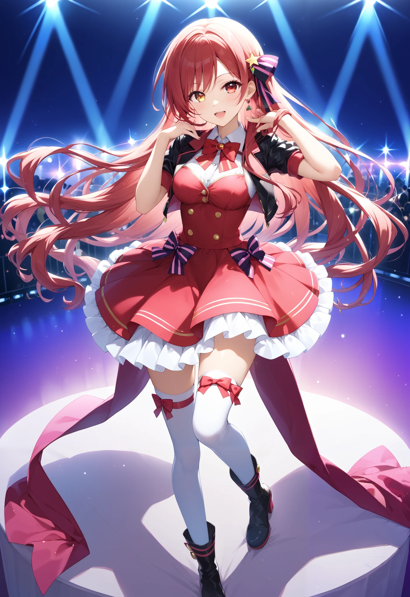 shana , very long hair, red hair, Red Eyes, stupid hair, small ,idol costume, dress,collared dress,jacket,cropped jacket,Short sleeve,bowtie,bow,button, above Decorati has ,is standing,dancing,(white thigh knee-highs:1.2),boots,アイドル歌手がライブ ステージで熱狂的に歌うシーンのillustration,アイドル歌手が ステージ中央にis standing, idol singers sing with microphones , idol singers are serious and impressive ,The singer's voice is strong and beautiful. , fans gather around the stage , fans sing and dance with idol singers Idol singers who do things ,The Big Picture, Various colored lights ,full bodyがillustrationに入るように,break indoors, concert venue,
break looking at viewer,full body,
break (masterpiece:1.2), best quality, high resolution, Unity 8k Wallpaper, (illustration:0.8), (beautiful detailed eyes:1.6), very detailed face, so that it fits into the illustration, extremely detailed CG,full body写真, (perfect hand, perfect anatomy),