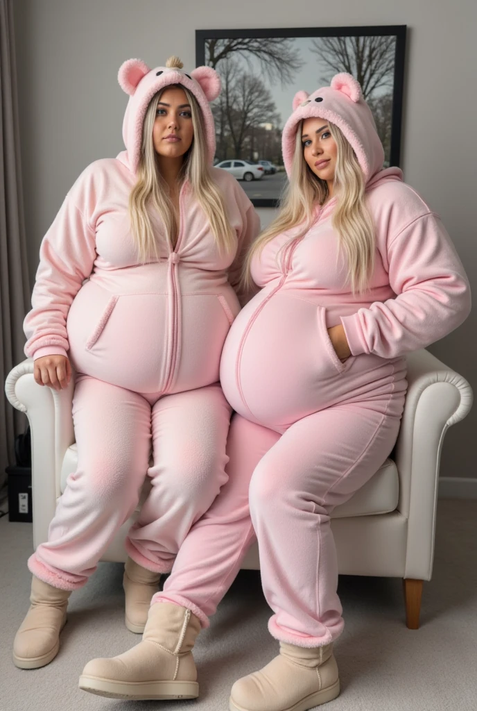 Beautiful two headed excessively fat Italian American girl with blue hair sitting on her toilet in form fitting sweatpants and a hoodie. She’s straining in her face while her other head is asleep and snoring on her two headed body.