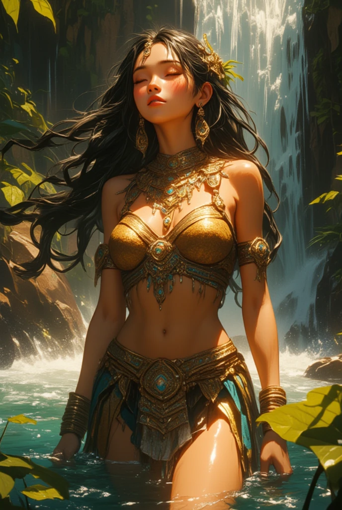（（realisitic：1.5）），（（best qualityer）），（（Masterpiece artwork）），（（A detailed）），（1ガール），{Beautiful woman wearing sari}，（the upper part of the body：1.3），super wide plan，surface focusing，Raised sexy，toned muscles，Legs long，curvy build，The barefoot，medium breasts，openness，sagging breasts，thick thight，Wide buttock，slender leg，greeneyes，cabelos preto e longos，floating hair，long eyelashes， （A detailed的脸，beautiful eyes，detailed pupilss，detailed characteristics of clothes， clear background：1.3），（bindi，Jumkas：1.3），（village，thing，Payment，oil，Jumkas，Kamalband，bracelet：1.3），Misteriversas ruínas antigas，flowersta exuberante，Deep gorge，pontes，rivers，precipice，clouds，lakes，rockery，waterfall，flowers，grassy，mist，vine，The tree，atmospheric pollution，best shade，brilliant detail，Spitz，perfect compositions，Intricate，tack Spitz focus，Dramatic，Frank Frasetta，Julie Belvia de Belladenis，author：Luis Royo，author：Boris Vallejo'irror lighting：1.3），rim-light，a princess，royal underwear，The god of fertility，