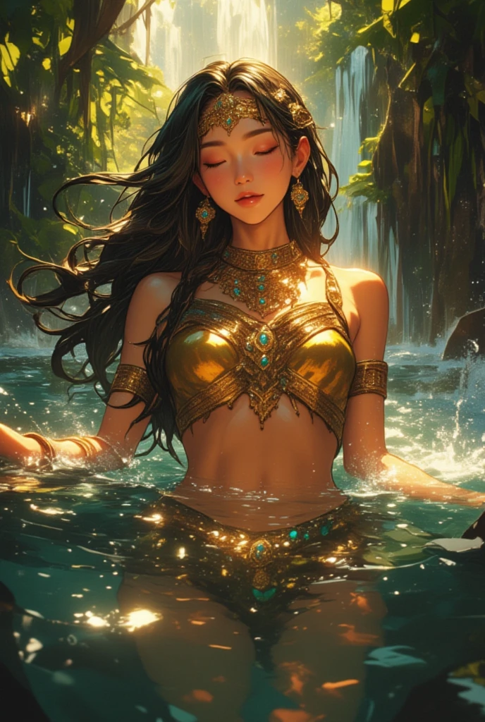 Total focus on a Greek woman with Greek nose on a divine link in a yellow waterfall in a fanciful and mystical aura and environment with mushrooms + close-up full-body showing, pose, cinematic, detailed pretty face, exquisite details, 8k UHD, ultimate brushing, master brushwork, trending on artstation, master drawing, masterpiece