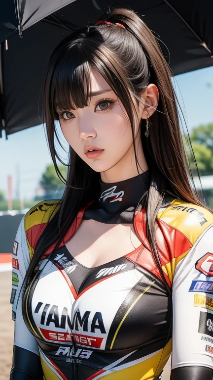 masutepiece, Best Quality, ultra-detailliert, professional photograpy, (middle shot), 1womanl, 35 years old, inely detailed beautiful eyes, shorth hair, (Glamour body), ((Huge breasts)), Race Queen, sexypose, seductive smile, Background with: (Car Racing Venues:1.3)