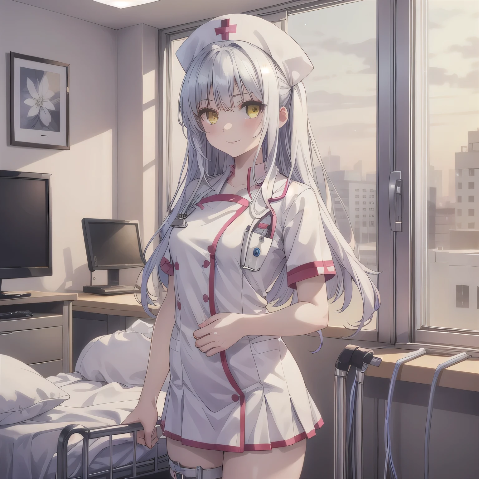 A breathtakingly beautiful 20-year-old woman stands in a warmly lit hospital room, dressed in a white mini-skirt nurse uniform with a matching cap. Her shy smile adds a touch of charm, while the surrounding medical equipment and furnishings create an authentic yet welcoming atmosphere. White hair, long hair, yellow eyes.