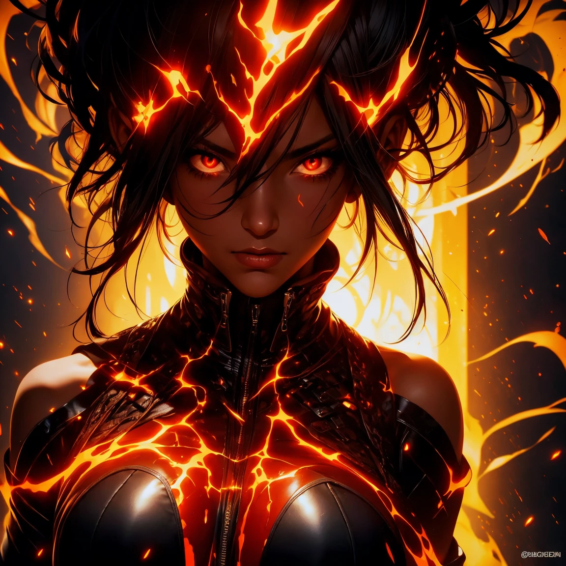 ((masterpiece, highest quality, Highest image quality, High resolution, photorealistic, Raw photo, 8K)), ((Extremely detailed CG unified 8k wallpaper)), (huge stunning latina goddess shot, very hot and sexy, jaw-dropping beauty, perfect proportions, beautiful body, slim body beauty:1.4), Lava demon(Adult model Daisy Marie), her body is made of lava, her hair is made of burning flames, hot body also burns the air around it, eyes of fire, burning red in the darkness, burning everything, spewing fury that turns into flames and cloaks the body, sparks of fire dance, flames erupt from the torn body, images of flames in the darkness, red and black theme, angry face, Flame Fiend, staring at the camera, 