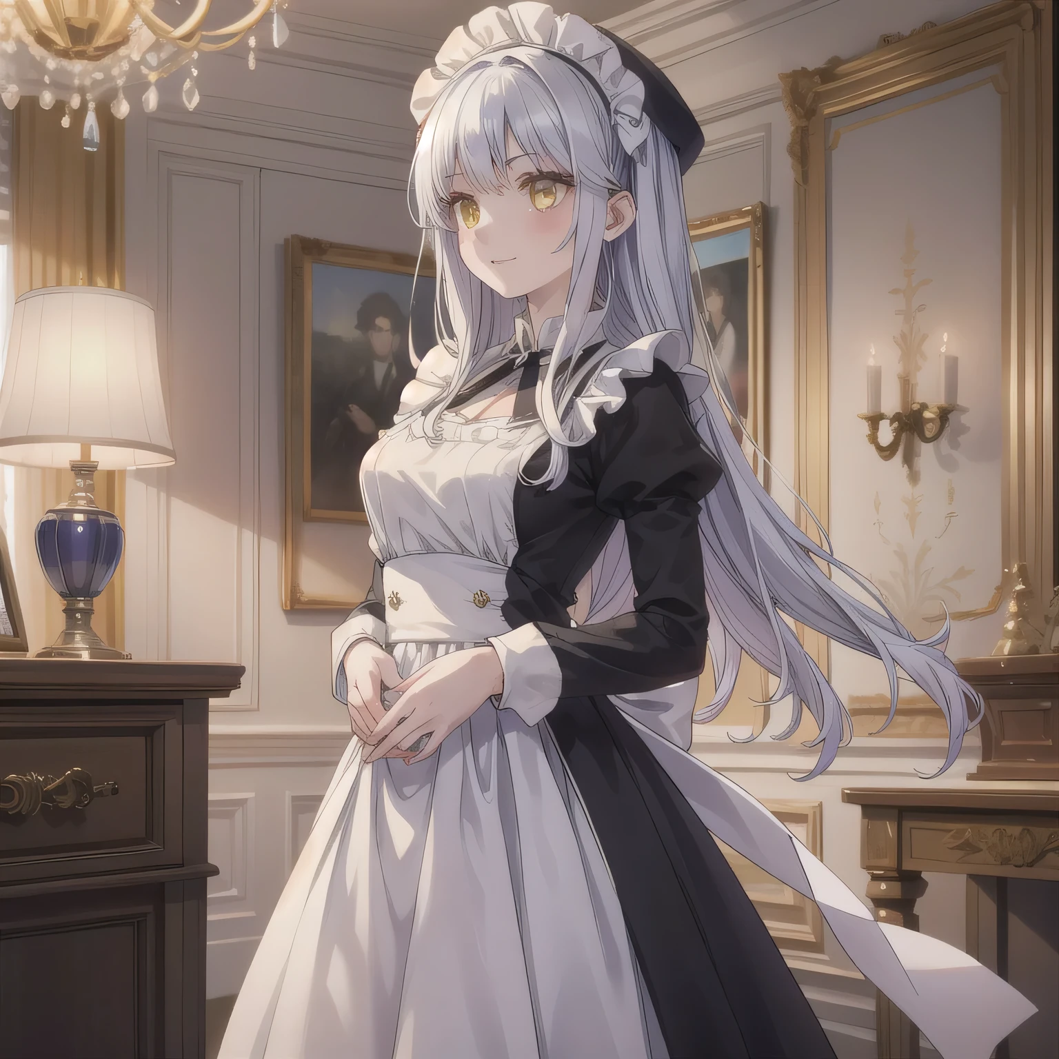 A breathtakingly beautiful 20-year-old woman stands in an opulent mansion room, dressed in a classic black-and-white maid outfit with a short hem and a white brim cap. Her confident smile radiates warmth. The room features elegant furnishings and decor befitting a grand estate, bathed in soft, natural lighting that enhances the sophisticated ambiance. White hair, long hair, yellow eyes.
