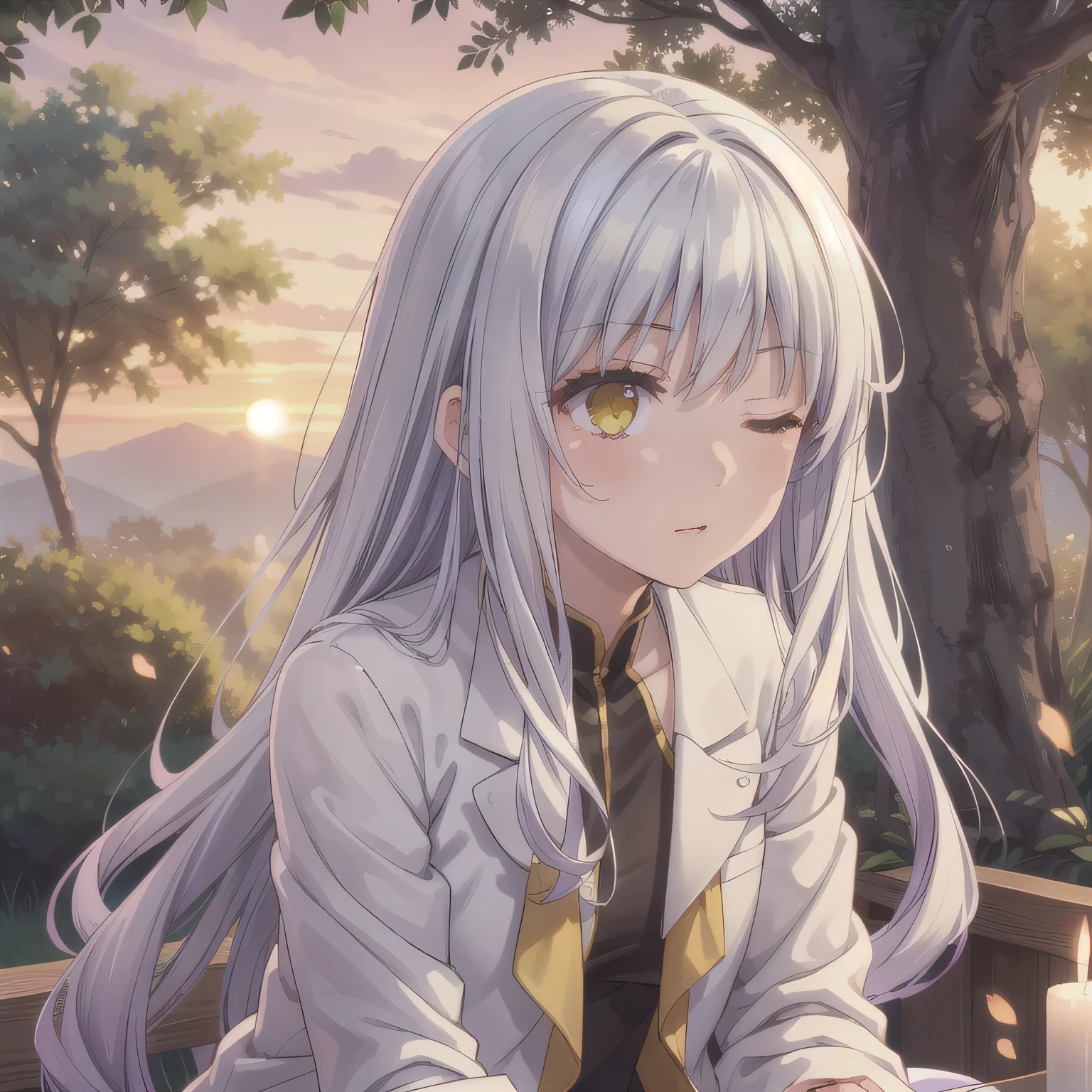 A breathtakingly beautiful 20-year-old woman stands in a lush green park at sunset, bathed in the warm golden light of the evening sun. Facing forward, her eyes gently closed, cheeks slightly flushed, and her face tilted upward as if anticipating a kiss, she embodies serenity and romance. The soft hues of the sunset complement the tranquil surroundings, enriching the dreamy atmosphere. White hair, long hair, yellow eyes.