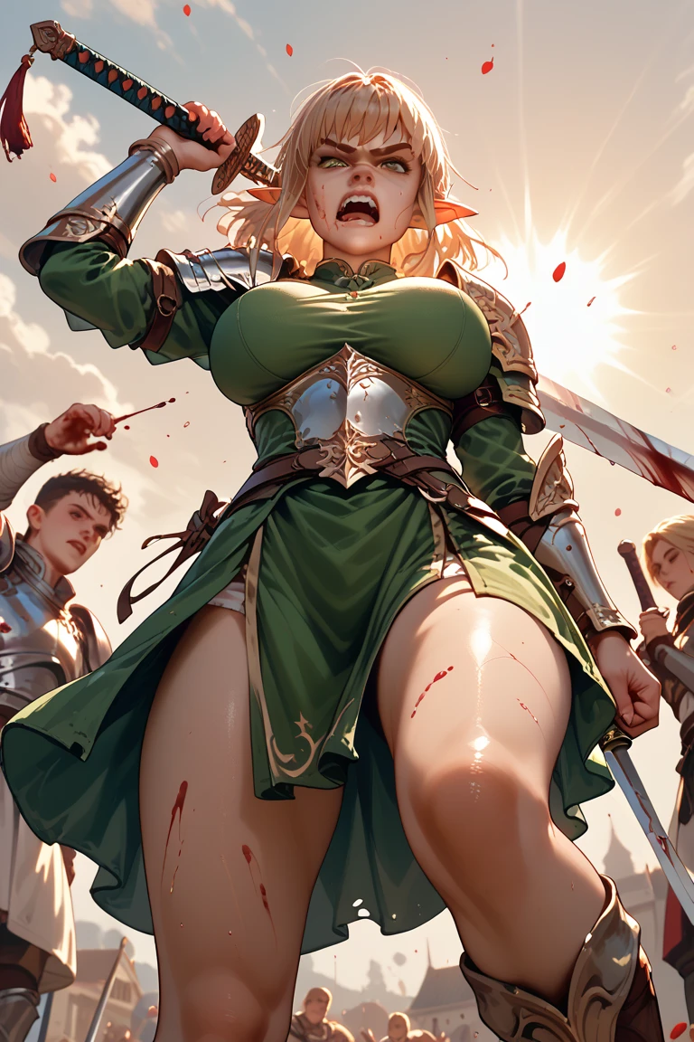 (masterpiece), best quality, an ultra-detailed (wearing valkyrie armor) and high-resolution full-body portrait muscular valkyrie warrior, characterized by his immense strength, kneeling, screaming and bloodied, (((( in the background several bodies resulting from a bloody battle))).
