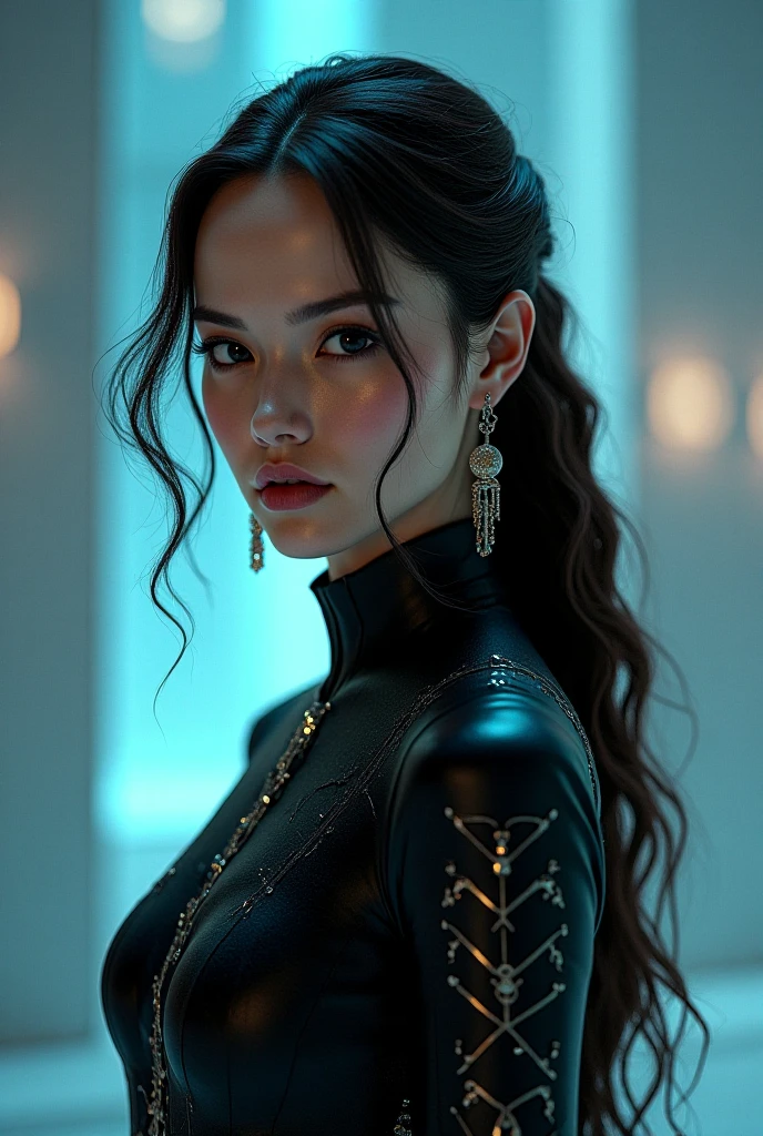 A girl with long curly hair, cinematic night scene, (best quality,4k,8k,highres,masterpiece:1.2),ultra-detailed,(realistic,photorealistic,photo-realistic:1.37),dramatic lighting,moody atmosphere,mysterious shadows,dramatic shadows,dramatic lighting,dramatic pose,intense focus,intricate details,volumetric lighting,cinematic angle,cinematic framing,chiaroscuro, bodysuit, sexy
